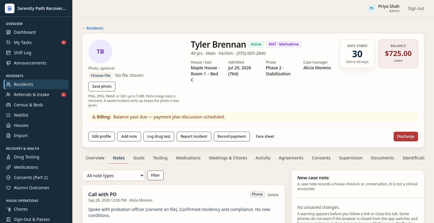 Notes tab on the fictional chart for Tyler Brennan, with a confidential check-in note and a new-note form. Not a VA eligibility screen.