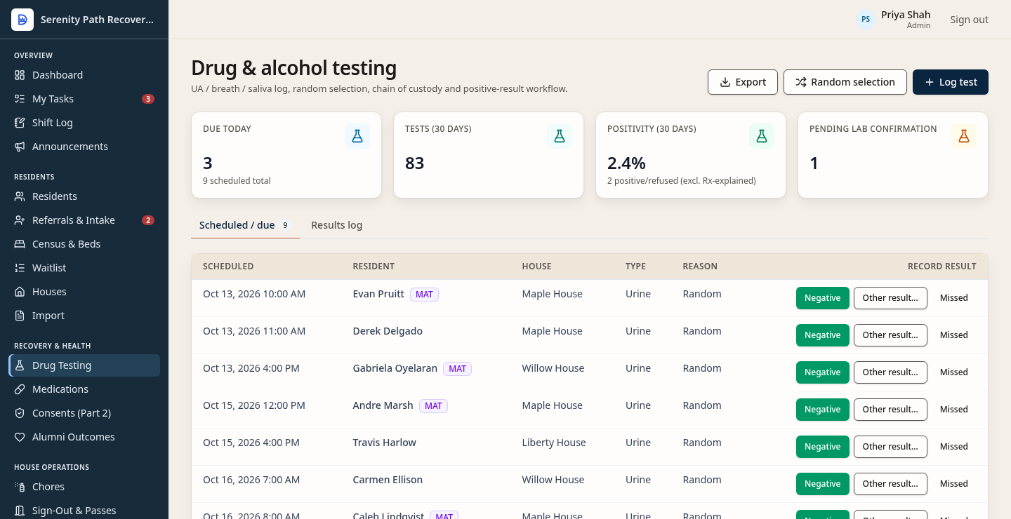 Drug and alcohol testing schedule for fictional Serenity Path, with tests due and a results list.